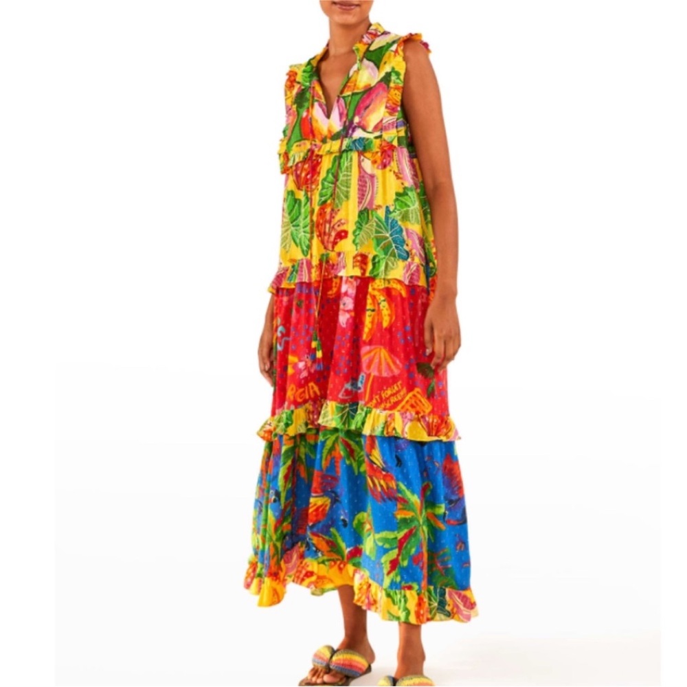🌴Farm Rio Mixed Prints Tiered Tropical Maxi Dress - Picture 3 of 9